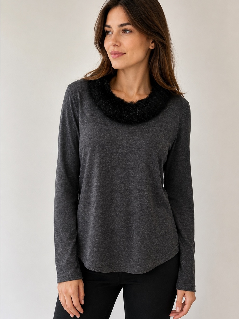 Les Tulipes Italy Wool Silk Knit Top Real Fur Collar Gray S/M